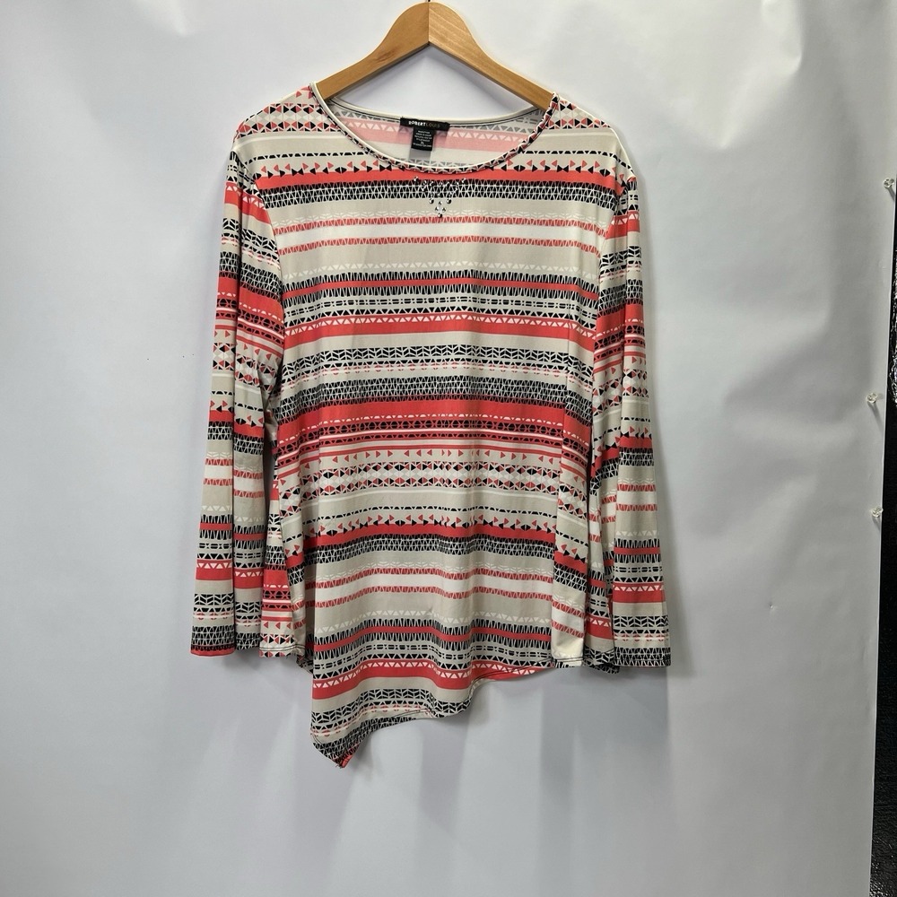Robert Louis Size XL Long Sleeve Stretched Coral/Black Striped Tunic Top